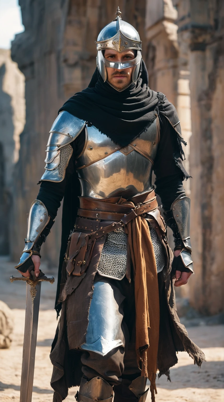 1boy, armor, light armor, gambeson, chainmail, brown pants, boots, copper armor, chestplate, bandolier, belts, shoulder plates, light shoulder armor, arm armor, leg armor, ragged cloak, ragged shouldercape, ragged skirts, black skirts, tattered scarf, black scarf, plain mask, fencing, rapier, buckler, Height=1.83m, BodyType=slim fit, masked, helmet, bandages, Middle Eastern inspiration, sultan's guard, mysterious appearance