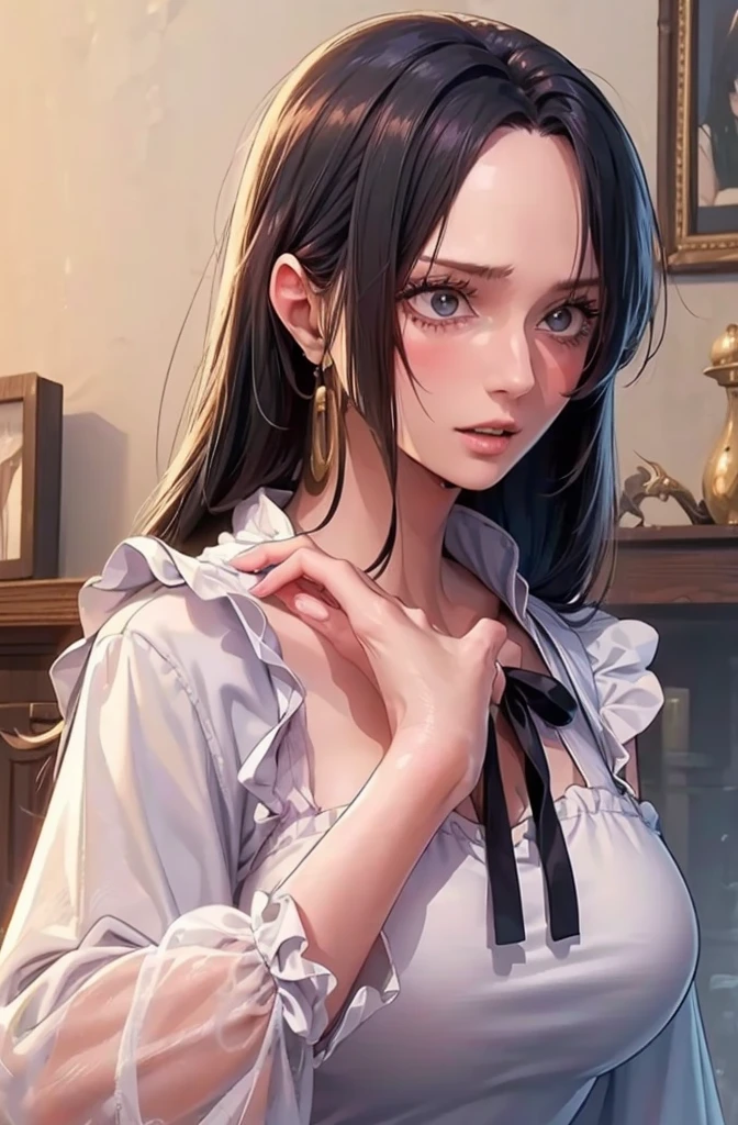 ((masterpiece, best quality)), (1girl), (solo), (female focus), yoru (chainsaw man),(very detailed face, real image, realistic white skin, realistic body, intricate details), upper body, focus on face, black hair tied, long hair, intimidating look, black pinafore dress, shirt, neck ribbon, small breasts