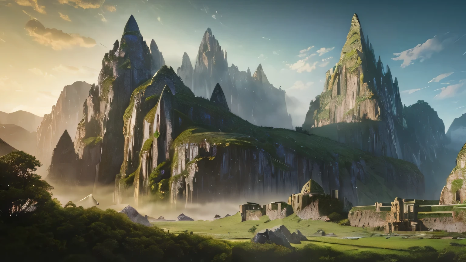 ((masterpiece, hyper realistic,32k,extremely detailed CG unity 8k, best quality, realistic face, solo, canon50, photorealistic, concept art, intricate details, highly detailed, octane render, unreal engine, realistic-art)) Landscape, (medieval green field in background:1.2), meadow, majestic mountains in the distance, Sally Mann, HDR, (masterpiece:1.3), at the steampunk world fair, green field, analog, caves, (masterpiece:1.2), athletic face, sky, Vincent Callebaut, (low key), artstation, film grainy, representational, Depth of Field, (Antonio Moro), color, soft lighting, side view:1, by Greg Rutkowski, (majestic mountain:1.5)