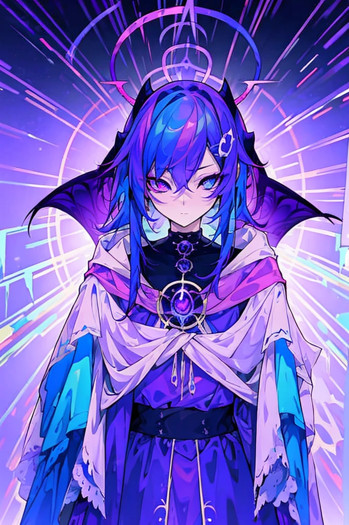 a mysterious figure with purple and blue hair, wrapped in a cloak that transitions between purple colors, pink and blue, each decorated with corresponding dragons. with skill and determination, with the right eye blue and the left eye purple . His presence radiates an aura of astral power, mystery and a secret purpose that only reveals itself in decisive battles."