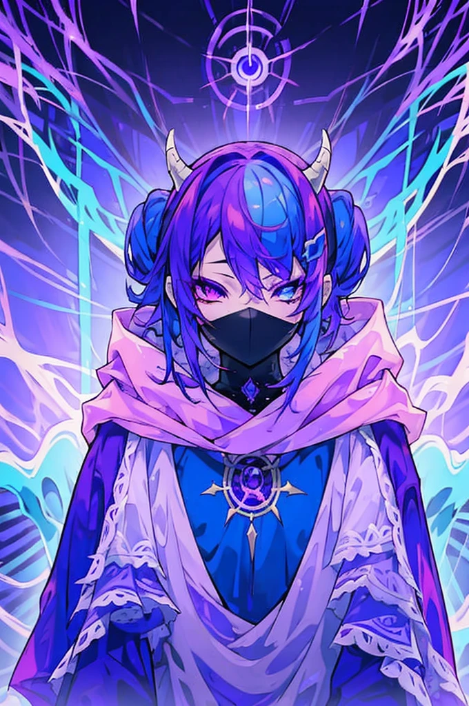 a mysterious figure with purple and blue hair, wrapped in a cloak that transitions between purple colors, pink and blue, each decorated with corresponding dragons. with skill and determination, with the right eye blue and the left eye purple . His presence radiates an aura of astral power, mystery and a secret purpose that only reveals itself in decisive battles."