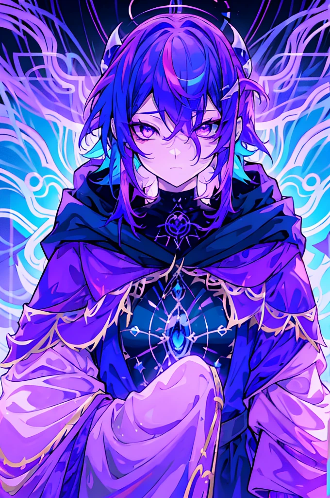 a mysterious figure with purple and blue hair, wrapped in a cloak that transitions between purple colors, pink and blue, each decorated with corresponding dragons. with skill and determination, with the right eye blue and the left eye purple . His presence radiates an aura of astral power, mystery and a secret purpose that only reveals itself in decisive battles."