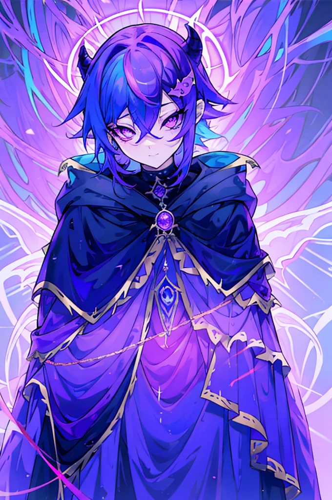 a mysterious figure with purple and blue hair, wrapped in a cloak that transitions between purple colors, pink and blue, each decorated with corresponding dragons. with skill and determination, with the right eye blue and the left eye purple . His presence radiates an aura of astral power, mystery and a secret purpose that only reveals itself in decisive battles."