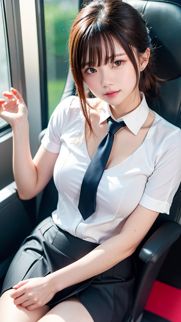 (masterpiece, Highest quality:1.2), 8K, 15 years, 85mm, Official Art, RAW Photos, absurdists,, Pretty face, close,Skinny Upper Body, violet, Gardenia, beautiful girl, ,, Squeeze the waist, Thighs, Short sleeve, in the train, sit on bench seat, View your audience, No makeup, (smile:0.4), Film Grain, chromatic aberration, Sharp focus, Face Light, Bright lighting, Teen, Detailed face, Bokeh Background, (Dark red tie:1.1)　Upper body naked　Showing nipples　Show your pants　Showing nipples　Shoulder　Expose　I can see your pants