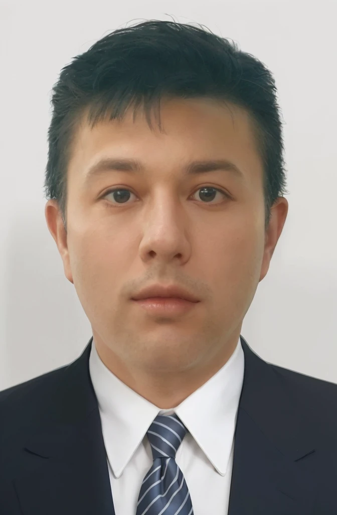 a realistic headshot of a man with a round face and short, dark hair. The man has a serious expression with wide-open eyes and closed lips. He is wearing a dark suit (black or navy), a white dress shirt with a stiff collar buttoned up, and a dark blue tie with diagonal white stripes. The background should be plain and light-colored, ensuring the focus remains on the man's face and attire
