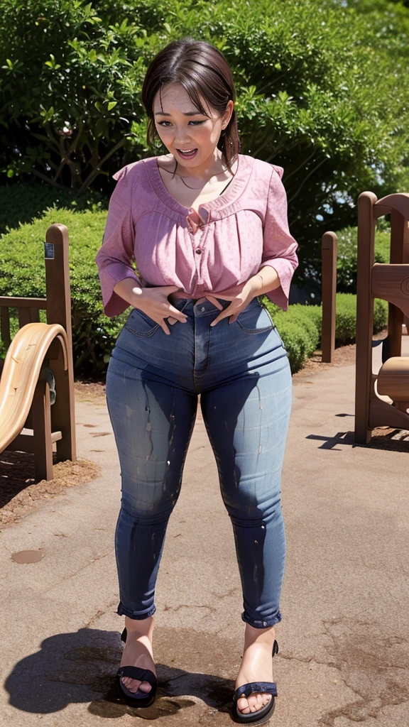1woman,fullbody,(masterpiece:1.5),photo-realistic,16k,(beautiful 40s japanese plump lady:1.4),(playground,bushes:1.6),(frilled blouse:1.3),(jeans:1.3),(sandals:1.3),(sqatting,wide spread legs:1.4),(whimpering:1.3),(panicking:1.3),(crying:1.3),(wetting:1.7),(dripping pee:1.4),brown straight medium hair,black eyes,makeup,lipstick,eyeliner,mascara,eyeshadow