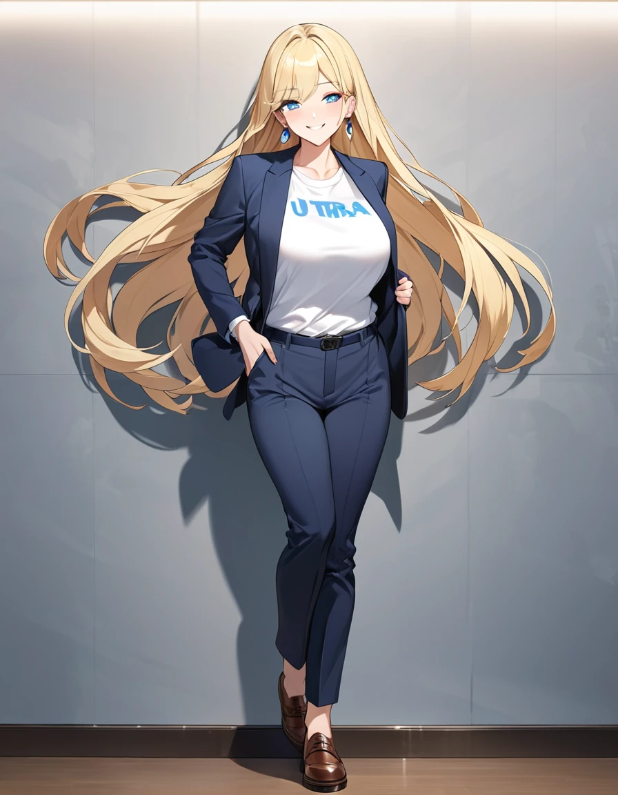 (Highest quality、Very detailed、Ultra-high resolution) 、(1 girl、17 years old、Mature), blue eyes、smile、((Blonde))、Semi-long hair、Large Breasts、(suit:1.4), T shirt, Oxford shoes, earrings