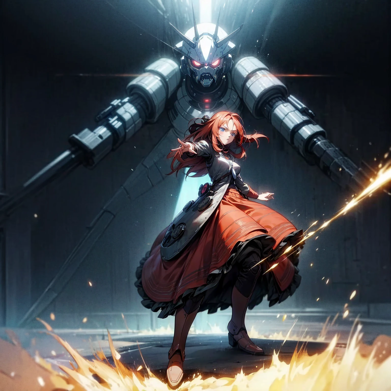 1girl, full body version, 1character, blue eyes, dark red colour hair, long layers hairstyle, bohemian clothing style, long skirt, boots, Grassroots background in town, motion blur, shadow, with Biggest robot in behind, battle gesture, lighting weapon robot, (attack on Titan style art)