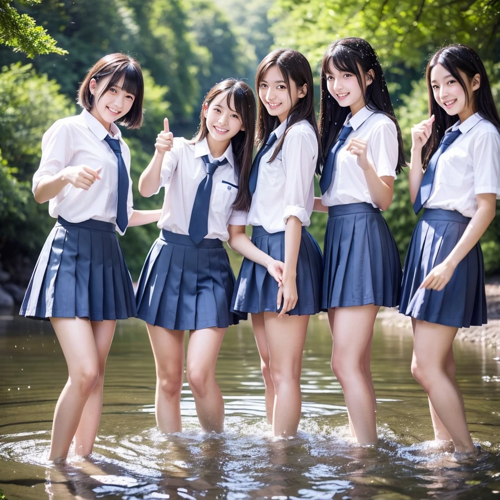 Masterpiece Best Night 18 Year Old Japanese、 A photo of her in her underwear splashing around in a river in the forest、Three slim girls splashing water on each other、Country Girls Trio、 A gentle smile、 Random hairstyle、Wearing school uniforms、{WhiteYShirt and dark blue knee-length skirt}、Shooting with a smile、Calm and intelligent three-band gray eyes , All of them have flat bodies.、、Full body shot image、 Hand Detail, Finger details,