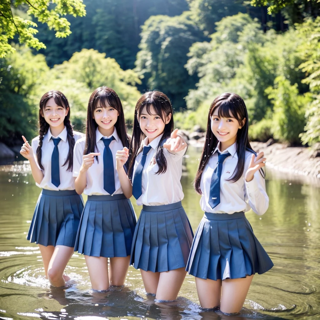 Masterpiece Best Night 18 Year Old Japanese、 A photo of her in her underwear splashing around in a river in the forest、Three slim girls splashing water on each other、Country Girls Trio、 A gentle smile、 Random hairstyle、Wearing school uniforms、{WhiteYShirt and dark blue knee-length skirt}、Shooting with a smile、Calm and intelligent three-band gray eyes , All of them have flat bodies.、、Full body shot image、 Hand Detail, Finger details,