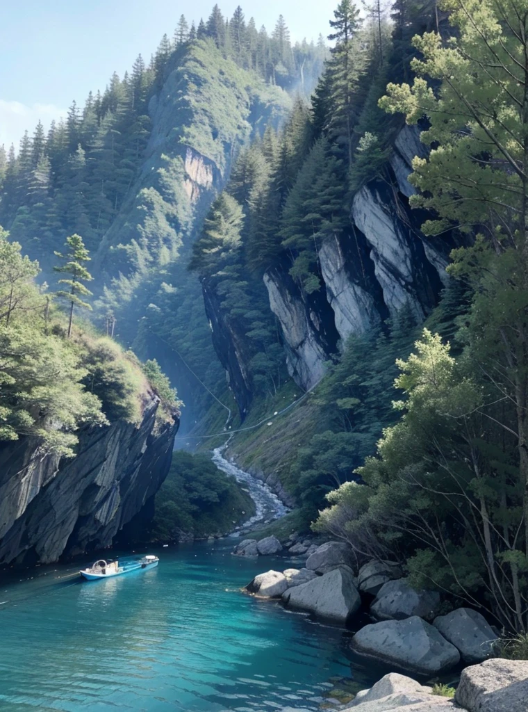 dark theme,deep shadow,
masterpiece, best quality,8k UHD,ultra high res,photorealistic, A house that is very close to the edge of a steep, rocky and vertical ravine, the height of the ravine is about 100 meters, and at the bottom of the ravine there is a river with clear, sea-blue water.