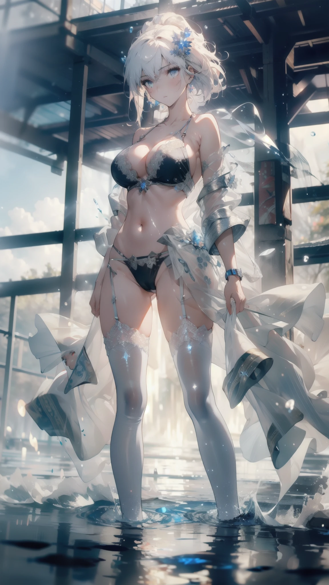 ((masterpiece, best quality)), Epic battlefield atmosphere，Delicate face，Foley Ji，New Year，whole body，Standing picture，glowing white eyes，Large Breasts，Perfect body proportions，Pure white background，firefly，Water Ripples，Lace，Transparent sex bikini