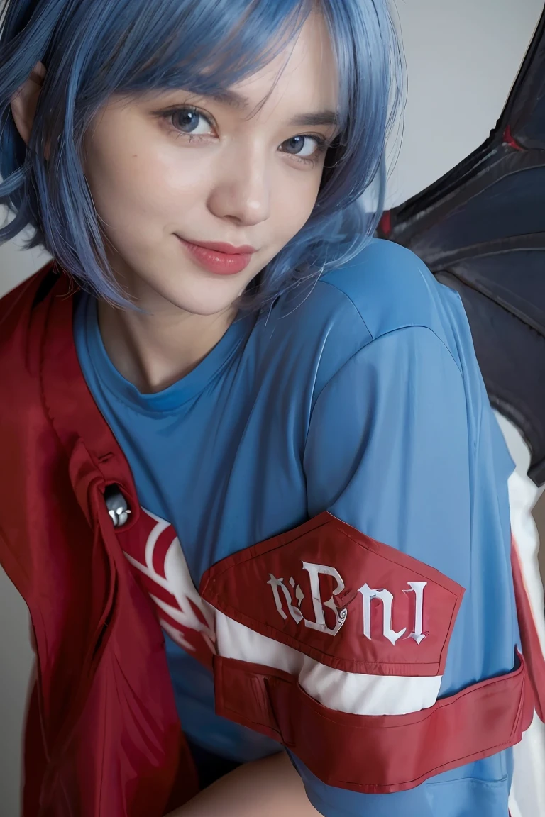 1girl, (((remilia scarlet))), (bat wings), (vampire), short hair, (((blue hair))), ((standing)), ((((face close up)))), ((jacket, taut shirt)), evil smile,, 