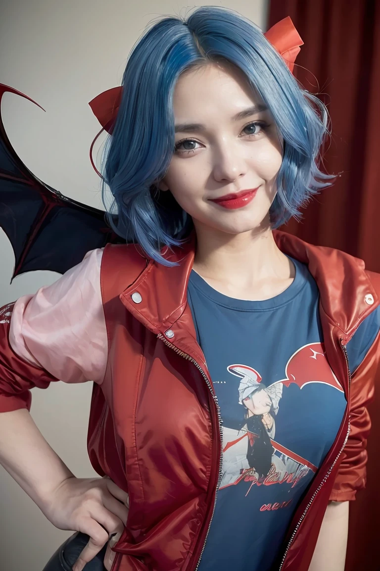 1girl, (((remilia scarlet))), (bat wings), (vampire), short hair, (((blue hair))), ((standing)), ((((face close up)))), ((jacket, taut shirt)), evil smile,, 