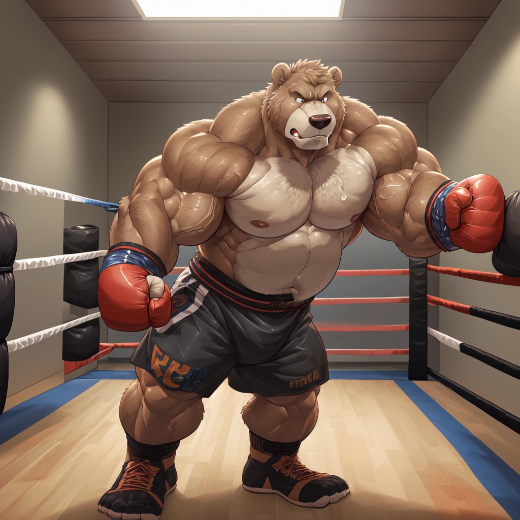 ((solo)), (anthro:1.2) bear (lora; baloo), adult, (athletic:1.4), (dense muscles), (super strong:1.4), (correct anatomy:1.2), (broad shoulders:1.2), (heavy build, massive body:1.6), (realistic fur, detailed brown fur texture:1.3), gym background (corner of the kickboxing MMA ring:1.6), photorealistic, (black compression shorts), (bare torso:1.4), (footwear:1.2), (detailed kickboxing martial arts black shorts and kickboxing MMA gloves), hyperrealistic, ultradetailed, (by wfa:1.2), (by takemoto_arashi, by vorusuarts, by Traver009:1, by grimfaust:1), natural lighting, (oiled up:1.4), ursine head (open eyes, brown mane), (sexy:1.2), ((serious pride:1.4) expression), (punching and kicking the bag:1.4), (training:1.5), (view from center:1.4)