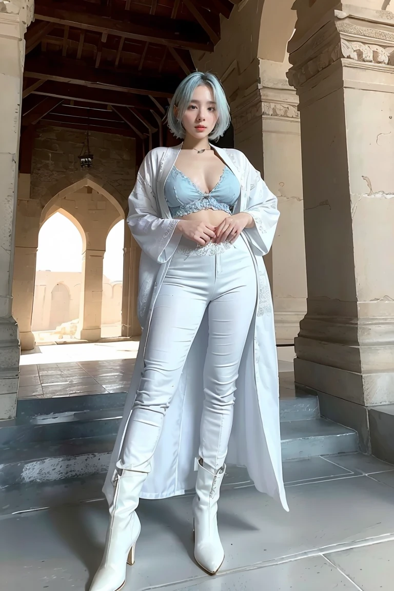 Elegant woman, strong physique, white robe, white colored Arabian pants, light blue noble blouse, white boots, messy light blue hair, look of satisfaction, short hair, dark blue colored eyes, noble appearance, holding a silver spear, ancient castle, medieval setting.