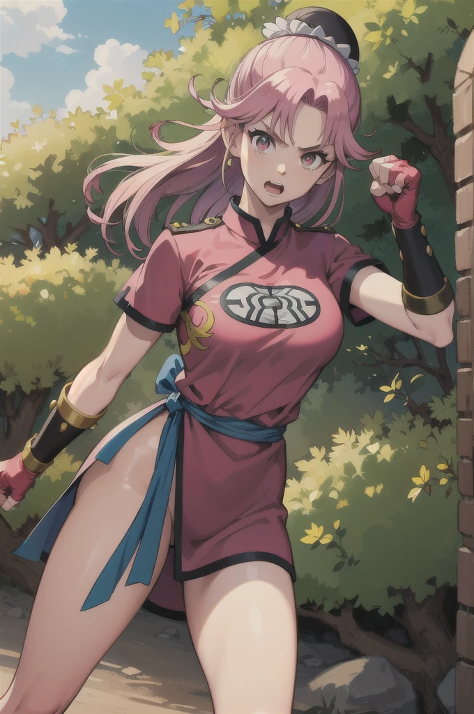 maam,big breasts,beautifuleyes,narrow waist,realistic,solo,outdoor,forest, martialMaam,pink hair,hair bun,long hair,china dress,short sleeves,sash,fingerless gloves,beautiful legs, clenched fists, (action pose,:1.1), (masterpiece, best quality:1.1), (open mouth, clenched fist, action pose,:1.1), ((fight against)), (goblin ambush), maam, dragon quest,