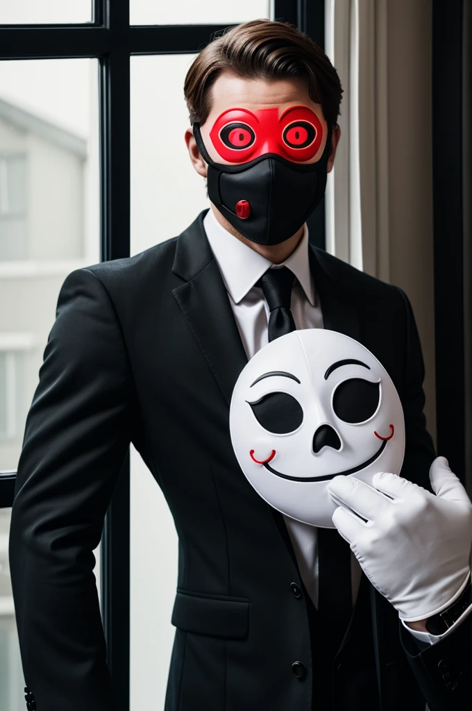 A guy with full faced white smiley mask with red eye and wearing a black suit, back gloves in front of the window inside the house