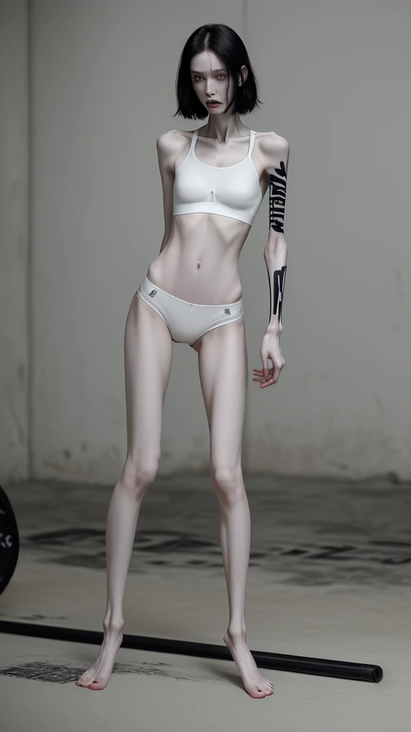 a woman, very thin body, body visible bones, very slender, pale white skin,short gym panties, sport bra,tatto, sweaty weat body , full body viewed , barefoot , has a mental breakdown in underground prison