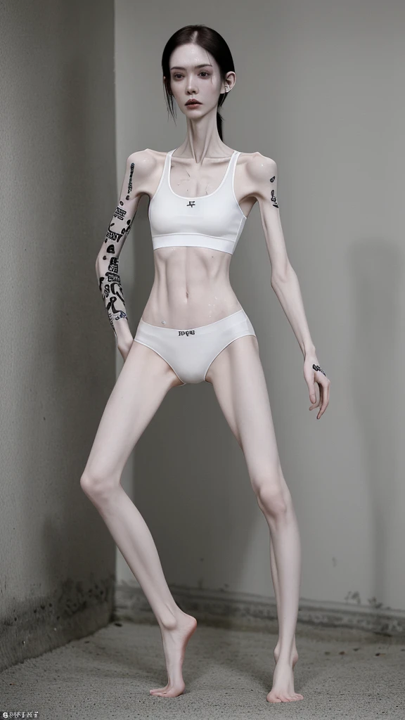 a woman, very thin body, body visible bones, very slender, pale white skin,short gym panties, sport bra,tatto, sweaty weat body , full body viewed , barefoot , has a mental breakdown in underground prison