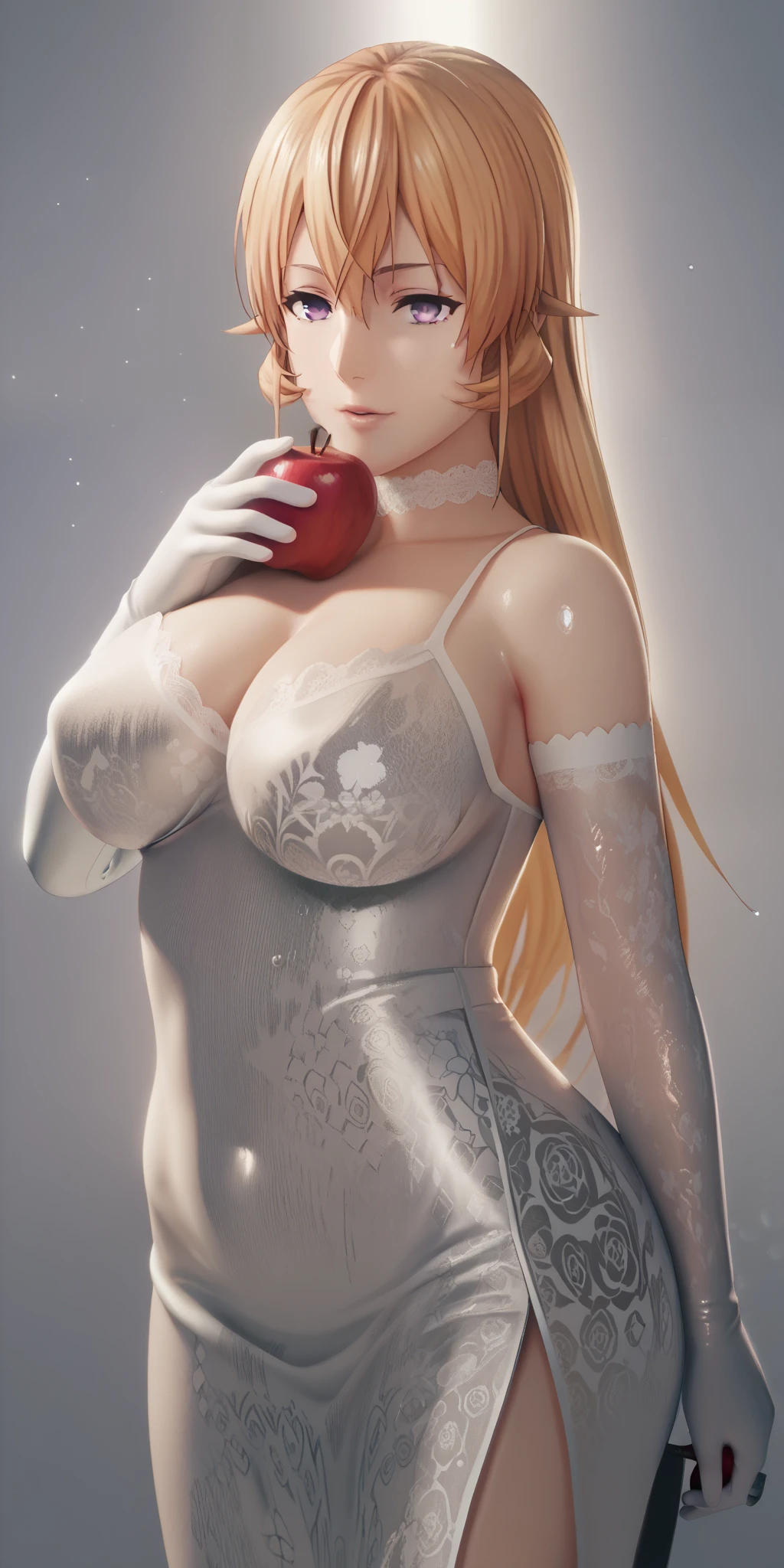 (hews art style:0.7), score_9, score_8_up, score_7_up, score_6_up, uncensored, erina nakiri, blonde hair, long hair, purple eyes, BREAK (masterpiece:1.2), best quality, high resolution, perfect lighting, (perfect hands, perfect anatomy), large breasts,, fruit, wet, 1girl, apple, holding_apple, solo, dress, looking_at_viewer, white_dress, bare_shoulders, cleavage, choker, elbow_gloves, bokeh, large_breasts, water drop, reflective, fireflies, magic aura, hollow eyes, shiny skin,