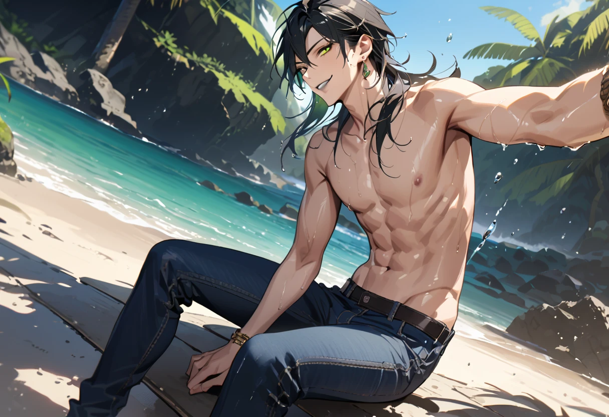 masterpiece, highres, absurdres, illustration, ((masterpiece:1.4, best quality)), (Ultra detailed background), 1boy, handsome man, highly detailed beautiful face and eyes, beautiful eyes, (sharp detail:1.3), shiny, earrings, bracelet, (wet clothes:1.3), Shirts, Bari, Cebu Island, plumeria, near the beach, dynamic angle, 1boy, sitting on floor, topless, jeans, dynamic angle, malleus draconia (twisted wonderland) horns, bishounen, boy, male, yana Toboso style, long hair, black hair, yellow green eyes, smile, gray lips, handsome, skinny, tall, yellow green glow,