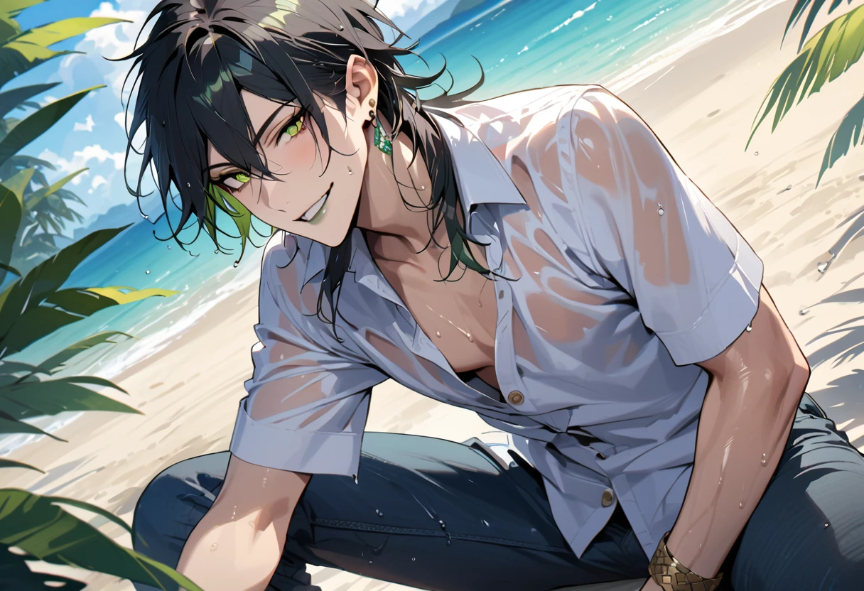 masterpiece, highres, absurdres, illustration,   ((masterpiece:1.4, best quality)), (Ultra detailed background), 1boy, handsome man, highly detailed beautiful face and eyes, beautiful eyes, (sharp detail:1.3), shiny, earrings, bracelet, (wet clothes:1.3), Shirts, Bari, Cebu Island, plumeria, near the beach, dynamic angle,  1boy, sitting on floor, topless, jeans, dynamic angle, malleus draconia (twisted wonderland) horns, bishounen, boy, male, yana Toboso style, long hair, black hair, yellow green eyes, smile, gray lips, handsome, skinny, tall, yellow green glow,
