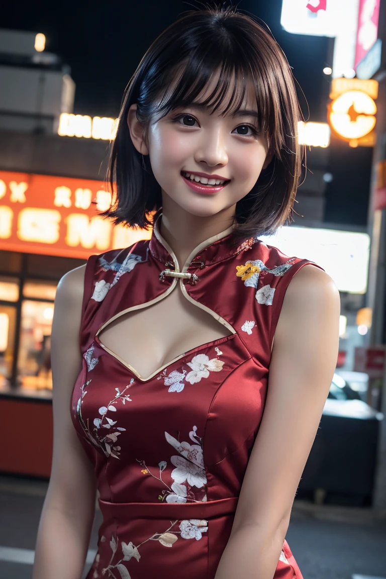 Noble Red Micro Cheongsam with Slit Sleeveless、1 girl、smile、(short hair、Double Bang、Bunedium breast、Masterpiece 1:1.3、Raw photo、Highest quality、Detailed image quality、Detailed Background、Taiwan Bar、counter、Stand in front、