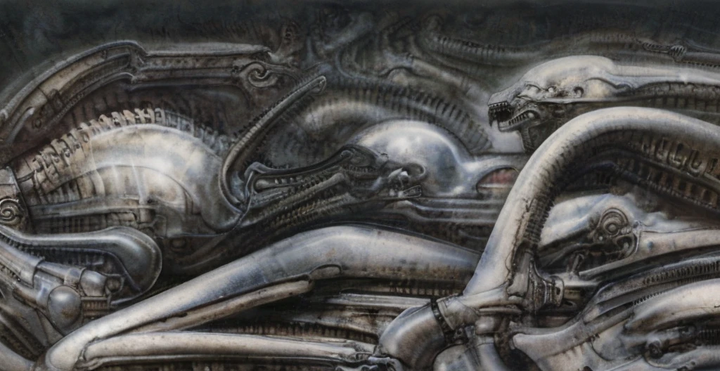 The image is a detailed view of H.R. Giger's biomechanical tableau \" Landscape XVI \" plate, featuring.
(airbrush painting, Giger's alien in front of broken alien ship in landscape, natural light, sharp focus, illustration, highly detailed, digital painting, concept art, matte, art by gric and kozhanov and moebius and Alphonse Mucha, masterpiece, HDR ,UHD , uplight, in HRGigerArhP style);1.
surrealistic painting of a monster with multiple tentacles and a body that looks like a brain, surrounded by a chaotic scene of swirling clouds and other monsters
 It's a complex network of bones and organs in eldritch color scheme:a greenish-brown hue ,swirling gery and brown colors. The artwork is silverish and green brown, with an ivory bones prominently displayed. The image is highly detailed and intricate, almost like a 3d version of a medical sketchwork.   
The piece is a tableau, most likely created with a India ink pen or pencil on paper, determined by the thin lines, shading techniques, and the texture of the paper, which is visible around the edges.
Used is pen, given the shading and variations in line weight visible in the image. Artist have used a variety of stylus with different degrees of hardness to achieve the shading effects.
 The use of undersaturated green-grays dark contrasts creates a stark and graphic look. Is used a variety of linework techniques to create different textures. Fine, parallel lines create a smooth, metallic texture,while thicker, more cursive lines suggest cables or wires.
Light source from the top highlights skeletals, pper part of foreground, lower part of image is in shadowupper part of foreground, lower part of image is in shadow.
The art performance showcases the artist’s skills in observation and rendering. The level of detail in the piece suggests a close study of real bone specimens and mechanics. The artist has skillfully used shading techniques to create a convincing illusion of three-dimensionality on a flat surface. The wrinkles 