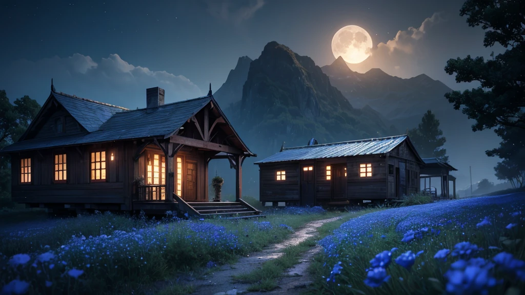 derelict unmanned small old train station and line on the glowing nemophila flowers hill, under a night sky with a full moon, ethereal blue-tinted world, fantasy, highly detailed, 8k, (best quality,4k,8k,highres,masterpiece:1.2),ultra-detailed,(realistic,photorealistic,photo-realistic:1.37),cinematic lighting,dramatic colors,dramatic atmosphere,depth of field,elegant,serene,tranquil,mystical,dreamy