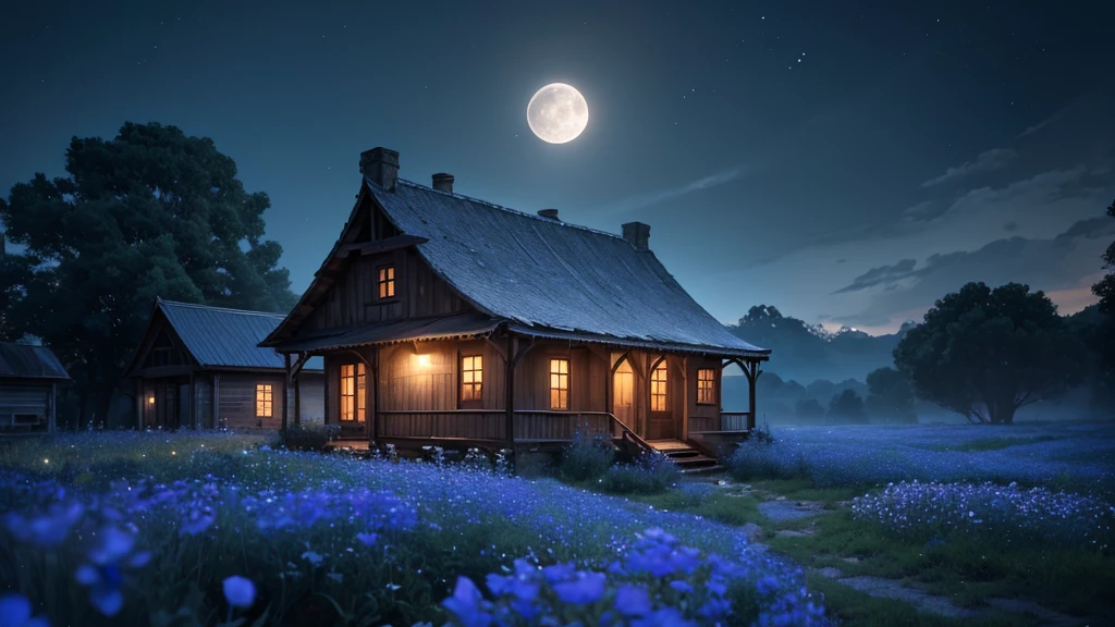 derelict unmanned small old train station and line on the glowing nemophila flowers hill, under a night sky with a full moon, ethereal blue-tinted world, fantasy, highly detailed, 8k, (best quality,4k,8k,highres,masterpiece:1.2),ultra-detailed,(realistic,photorealistic,photo-realistic:1.37),cinematic lighting,dramatic colors,dramatic atmosphere,depth of field,elegant,serene,tranquil,mystical,dreamy