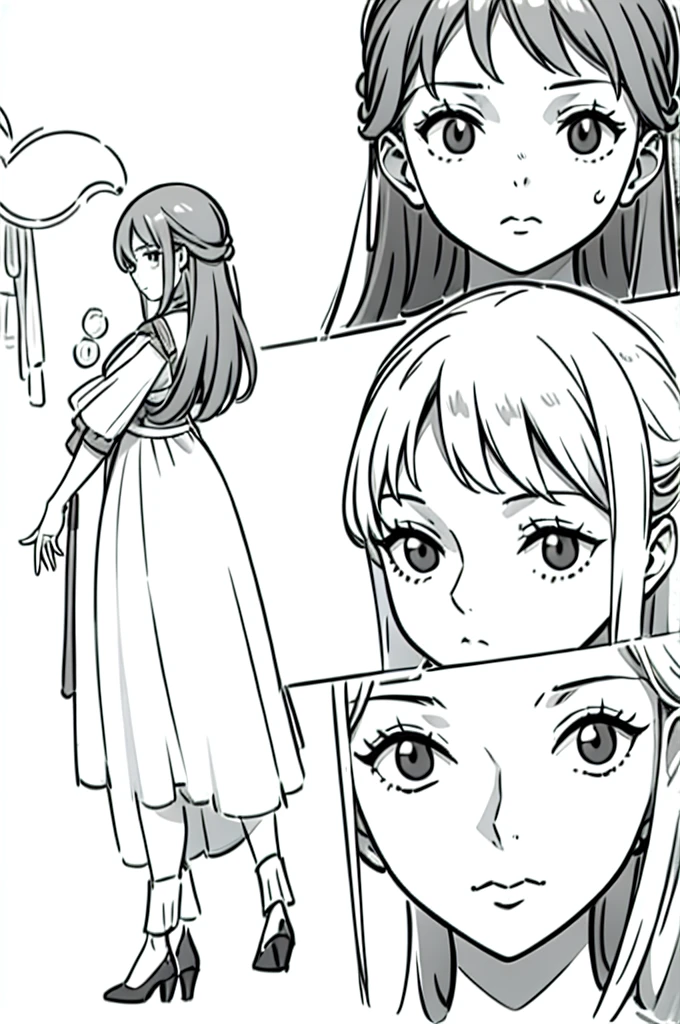 dal, beautiful, masterpiece, best quality, perfect lighting, extremely detailed CG unity 8k wallpaper, reference sheet, model sheet, simple white background, (multiple views, [full body|from behind|from side|from front|close-up|upper body|portrait]:1),                1girl, lineart, (monochrome),