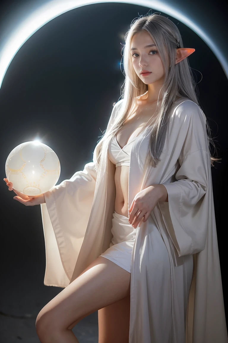 Masterpiece, Excellent, Single, 1 person, female, youth, teenager, wizard, slimming, elf, silver hair, long hair, gray pupils, floating ball of light, white robe, robe, relax, desert detailed background