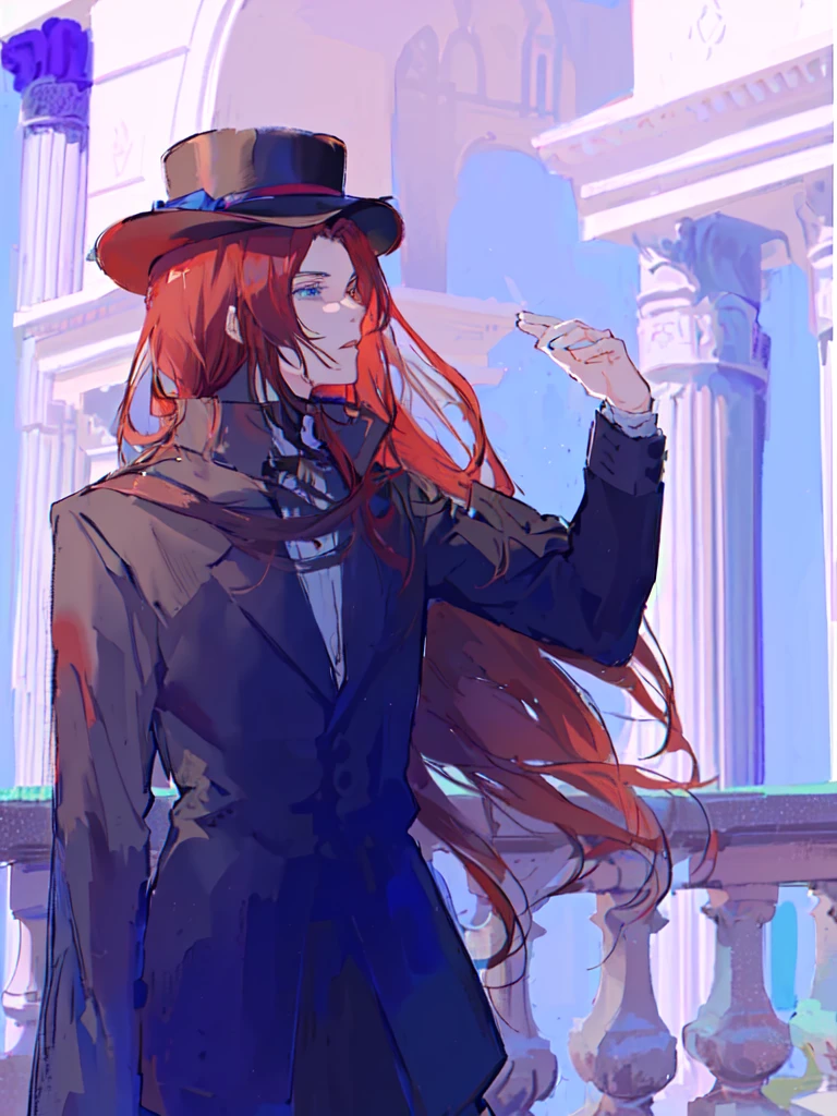 anime girl with long red hair wearing a hat and black coat, delicate androgynous prince, beautiful androgynous prince, zerochan art, made with anime painter studio, inspired by Yamagata Hiro, tall anime guy with blue eyes, handsome anime pose, he is wearing a top hat, zerochan, tipping his fedora, unknown artstyle