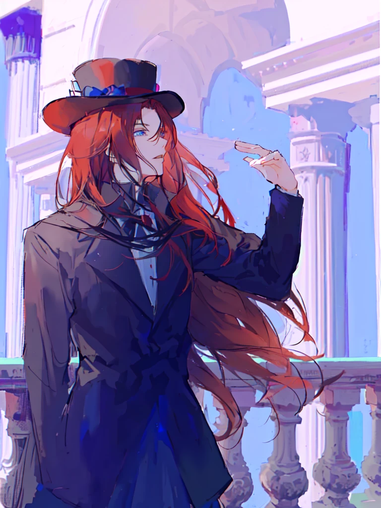 anime girl with long red hair wearing a hat and black coat, delicate androgynous prince, beautiful androgynous prince, zerochan art, made with anime painter studio, inspired by Yamagata Hiro, tall anime guy with blue eyes, handsome anime pose, he is wearing a top hat, zerochan, tipping his fedora, unknown artstyle