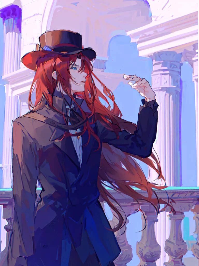 anime girl with long red hair wearing a hat and black coat, delicate androgynous prince, beautiful androgynous prince, zerochan art, made with anime painter studio, inspired by Yamagata Hiro, tall anime guy with blue eyes, handsome anime pose, he is wearing a top hat, zerochan, tipping his fedora, unknown artstyle