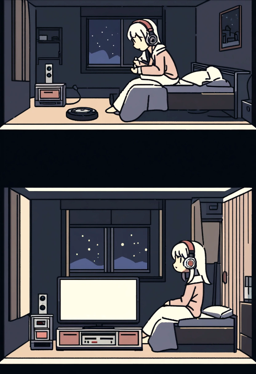 night、Girl listening to music in a cozy room, Using headphones, 2D-style animation, Lo-Fi, hard disk, Dark Environment、High resolution、Akasaka Aka