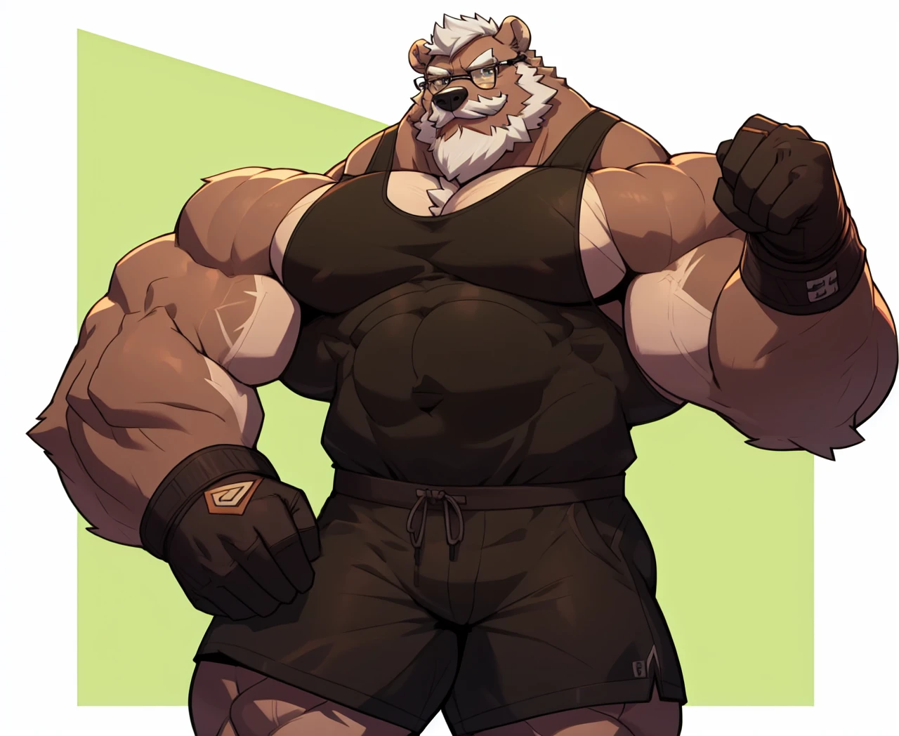 solo, 1boy, Huge Muscular Old Grizzly Bear Daddy wearing glasses , pectoral, huge pectoral, wide pectoral, short white hair, black gym short pants, gloves and wristbands and black tank top , bearded, Mustache, simple background, masterpiece, high detailed, 8k, high resolution, at the gym, light weight