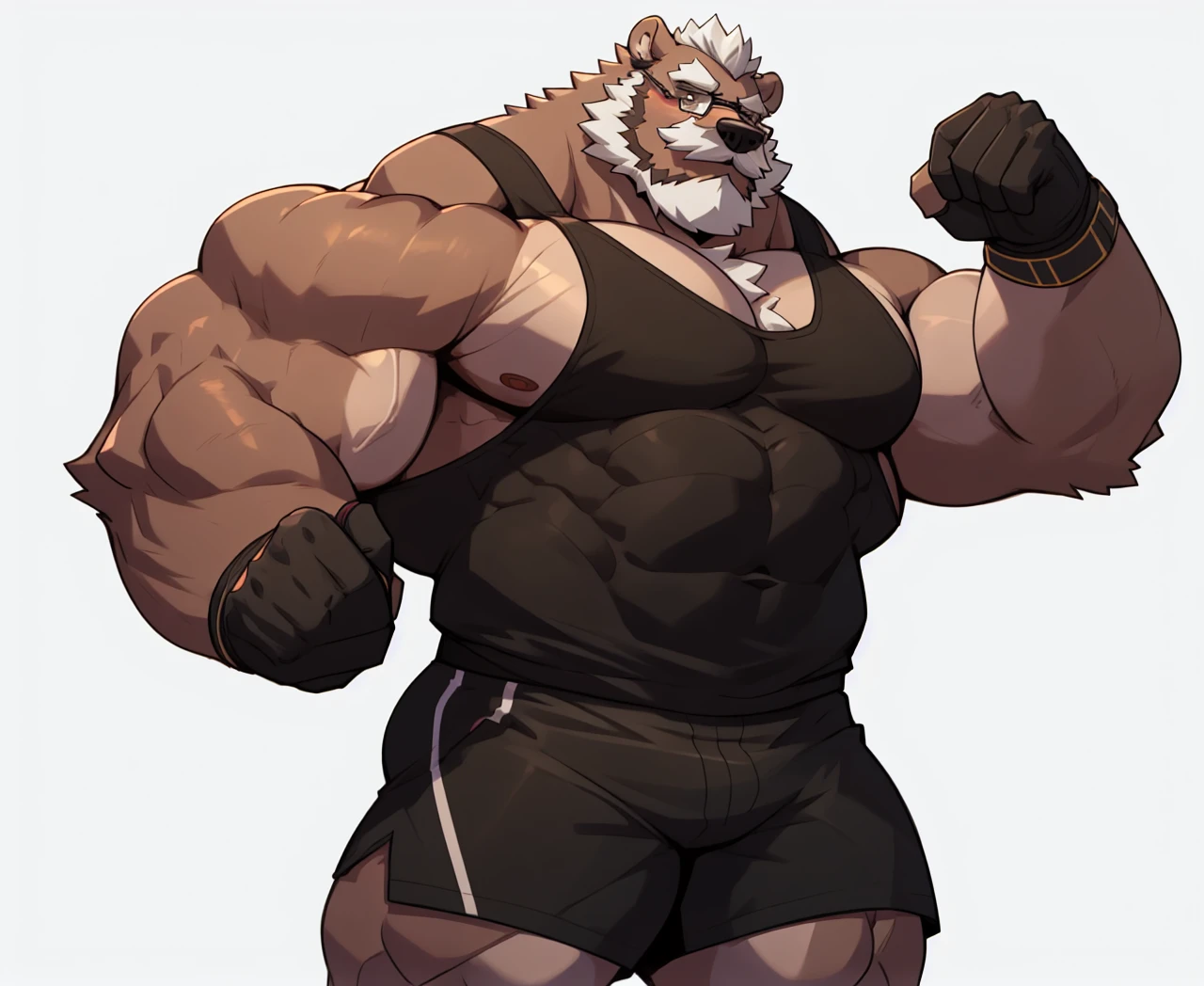 solo, 1boy, Huge Muscular Old Grizzly Bear Daddy wearing glasses , pectoral, huge pectoral, wide pectoral, short white hair, black gym short pants, gloves and wristbands and black tank top , bearded, Mustache, simple background, masterpiece, high detailed, 8k, high resolution, at the gym, light weight