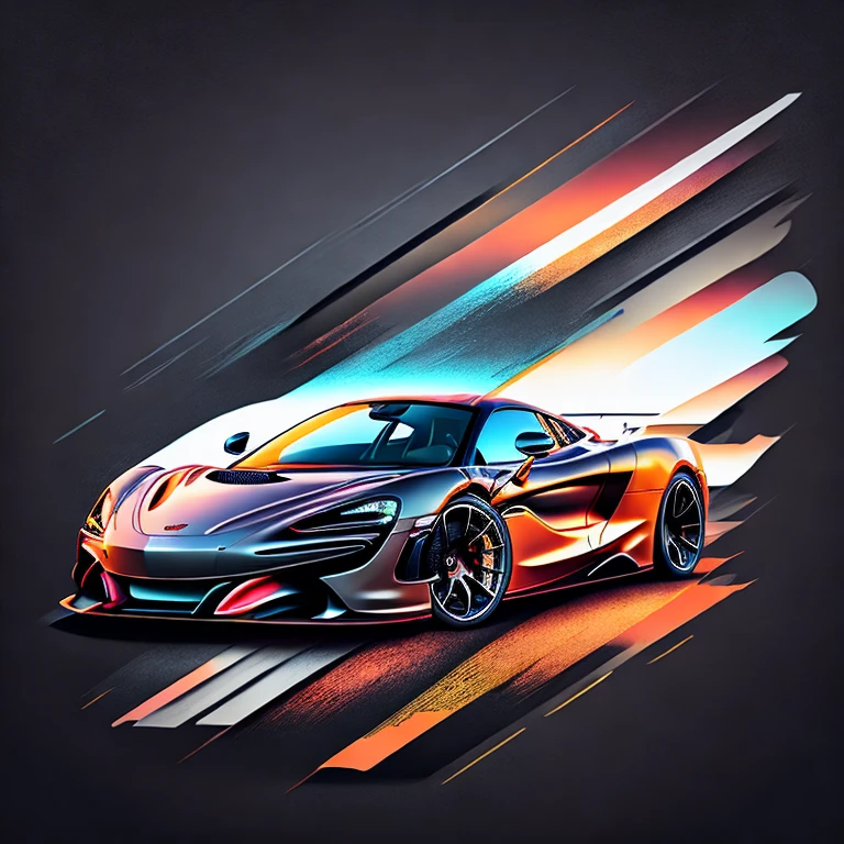 Art for t-shirt graphic design, a modern graphic design, McLAREN 720S GT3, Street, bold black color, vintage pastel background, highly detailed cleanliness, vector image, masterpiece realistic, professional photograpy, realistic car, car sunrise background, plain black background, isometric, vibrant vector