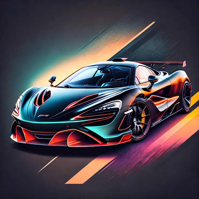 Art for t-shirt graphic design, a modern graphic design, McLAREN 720S GT3, Street, bold black color, vintage pastel background, highly detailed cleanliness, vector image, masterpiece realistic, professional photograpy, realistic car, car sunrise background, plain black background, isometric, vibrant vector