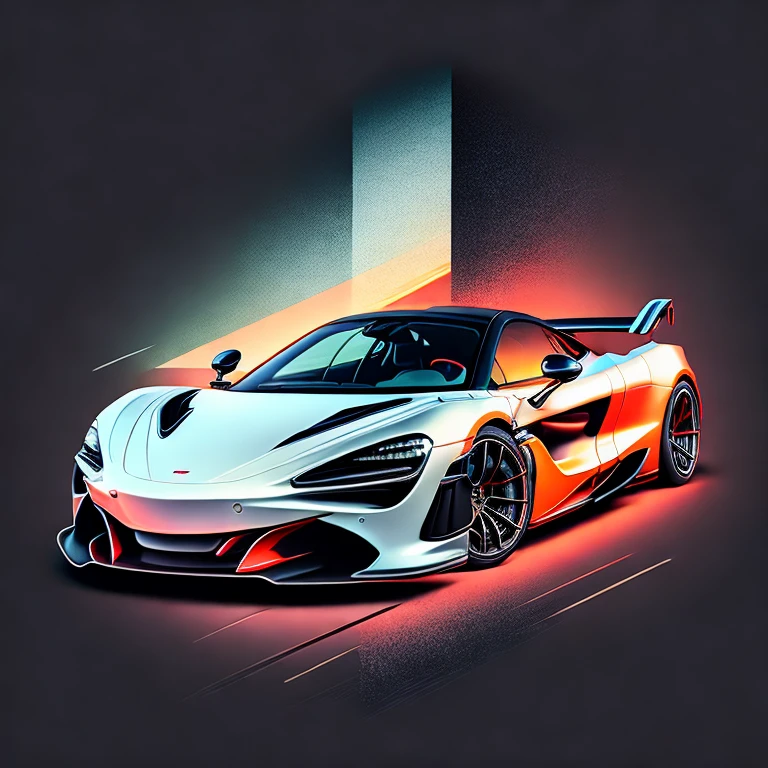 Art for t-shirt graphic design, a modern graphic design, McLAREN 720S GT3, Street, bold black color, vintage pastel background, highly detailed cleanliness, vector image, masterpiece realistic, professional photograpy, realistic car, car sunrise background, plain black background, isometric, vibrant vector