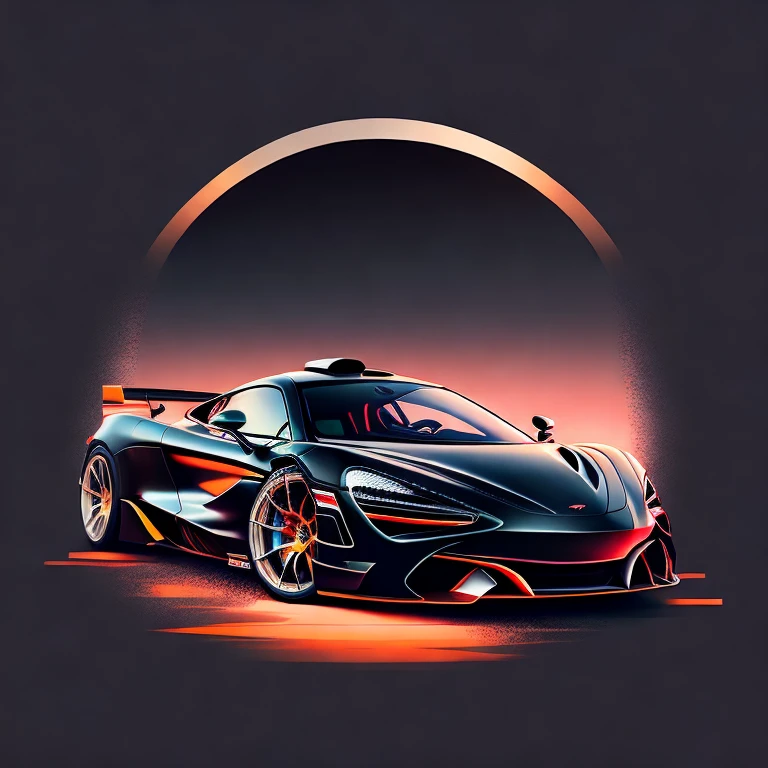 Art for t-shirt graphic design, a modern graphic design, McLAREN 720S GT3, Street, bold black color, vintage pastel background, highly detailed cleanliness, vector image, masterpiece realistic, professional photograpy, realistic car, car sunrise background, plain black background, isometric, vibrant vector
