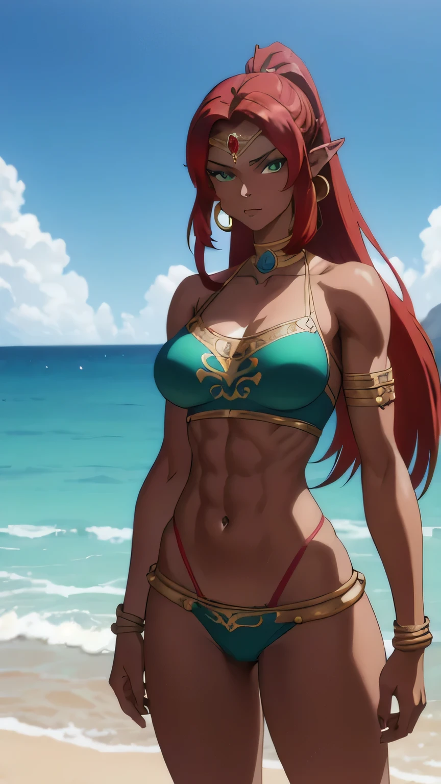 tall_female,Urbosa, large breasts,abs, armor, blue lips, very long hair, circlet, crop top, dark-skinned female, dark skin, earrings, green eyes, hoop earrings, jewelry, long hair, lingerie , makeup, midriff, muscular, muscular female, narrowed eyes, navel, neck ribbon, pointy ears, red hair, ribbon, swept bangs, tan, wide ponytail, big hair, narrow hips, toned, curvy, gerudo,ornate,, 1girl, solo, looking at viewer,straight-on, upper body, official art, highres, scenery, (masterpiece:1.1), (best quality,:1.1), (high quality:1.1), (anime screencap:1.2), exposed pussy