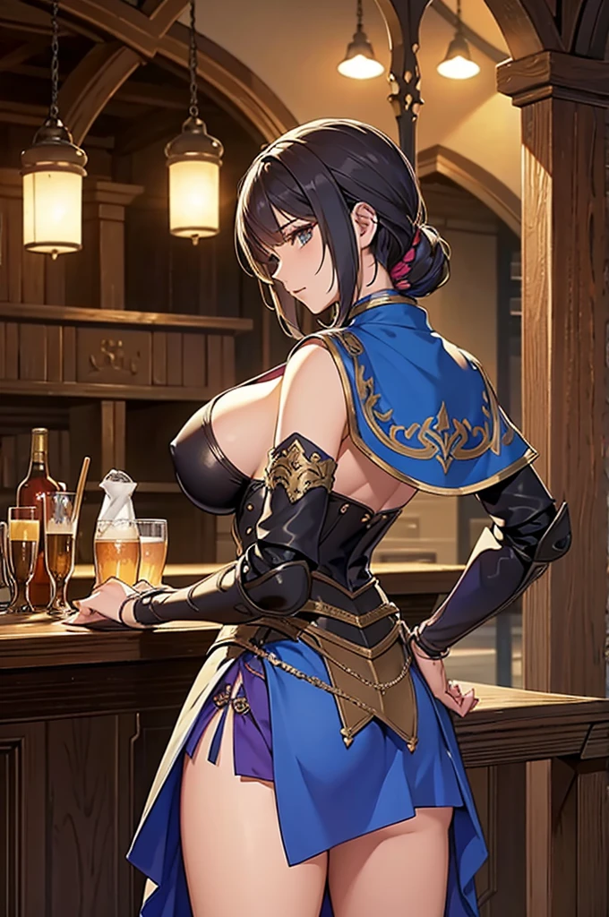 best quality, official art, masterpiece, textile shading, HDR, very detailed, colorful, best details, fantasy, A group of female adventurers set in a medieval fantasy world, (At the pub), random Hair style, Harem, night, detailed aspect, short mini skirt, seduce, armor, showing off panties, huge Breasts, big ass, pulling up her skirt,