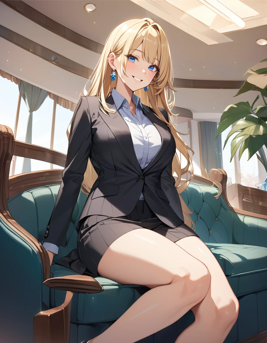 (Highest quality、Very detailed、Ultra-high resolution) 、(1 girl、17 years old、Mature), blue eyes、smile、((Blonde))、Semi-long hair、Beautiful breasts、(suit:1.4), T shirt, Oxford shoes, earrings