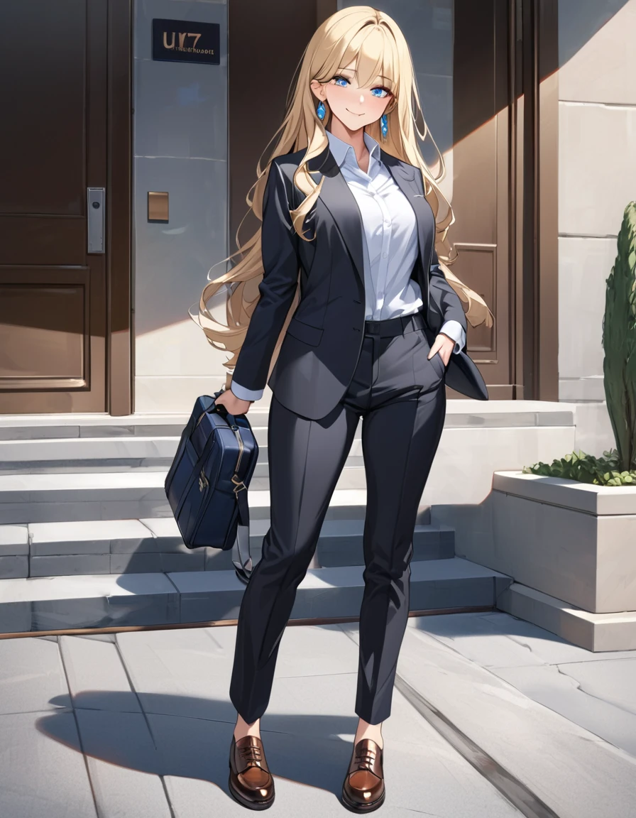 (Highest quality、Very detailed、Ultra-high resolution) 、(1 girl、17 years old、Mature), blue eyes、smile、((Blonde))、Semi-long hair、Beautiful breasts、(suit:1.4), T shirt, Oxford shoes, earrings
