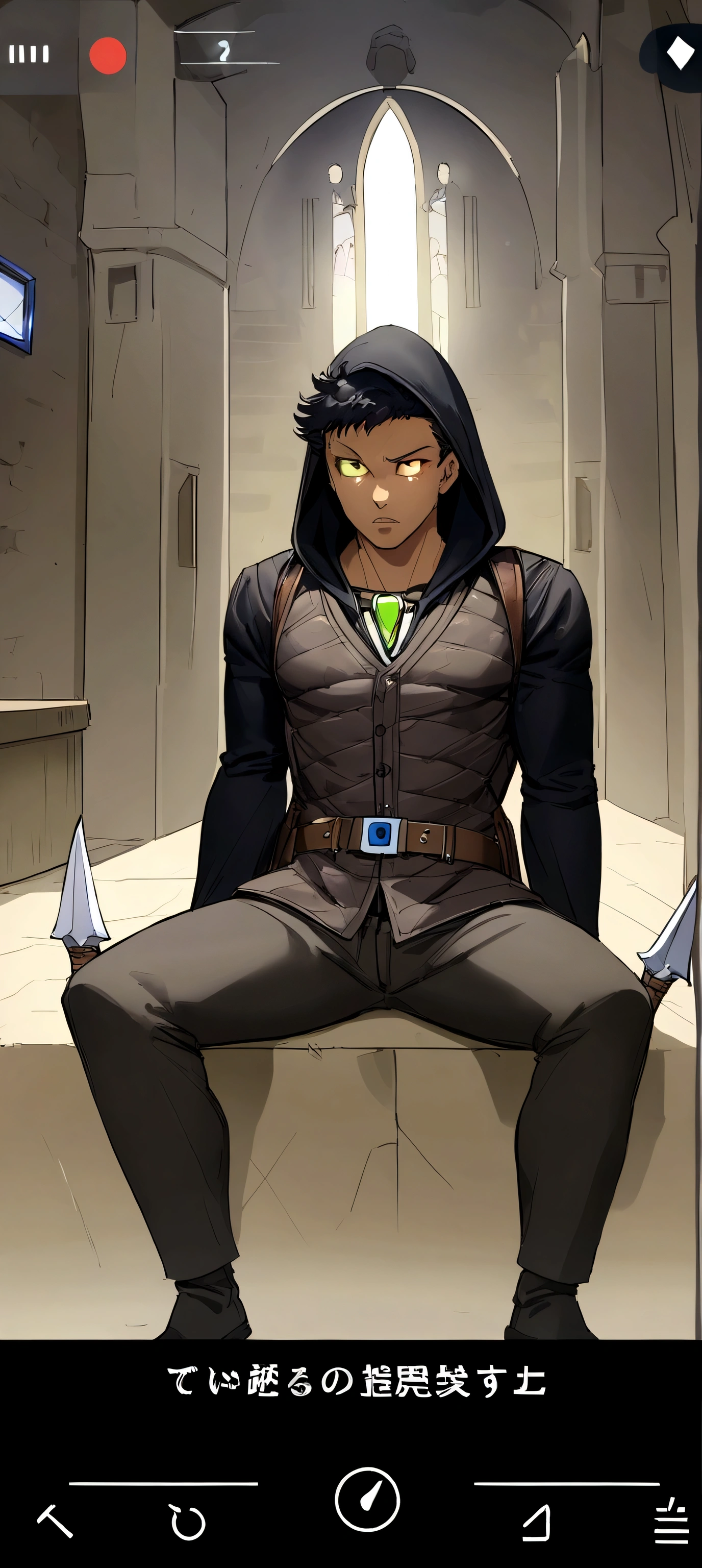 (absurderes, high resolution, ultra detaild), 1 men, grown-up, bonitas, tall, muscular face, broadshouldered, finely-detailed eyes, short black hair, eyes browns, black robe, wearing a hood, leather vest, Leather waist bag, 2 daggers on the belt, castle, medieval atmosphere, Natural Light and Shadow, There are glowing particles flying around the man, Fantastic, uncanny, glowing radiance,  sitting pose, serious expression, chilly, considered, open mouth