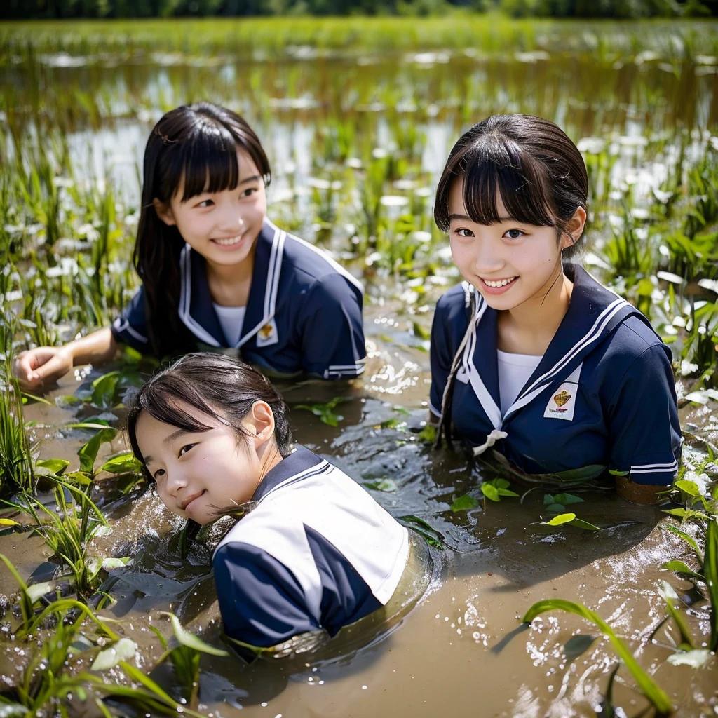 Two women wearing sailor suits swimming in a swamp。About 20 years old。Covered in mud。