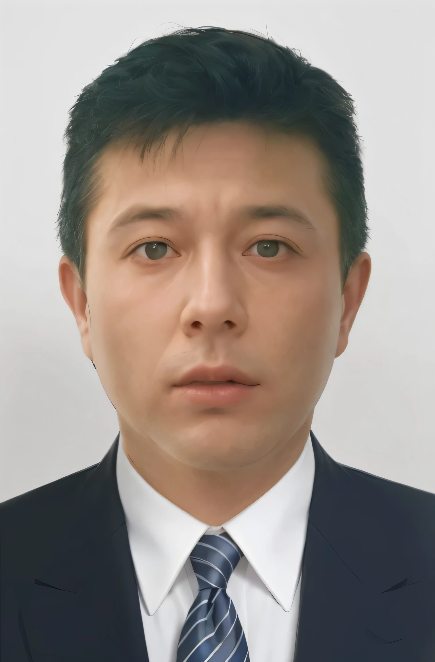 a realistic headshot of a man with a round face and short, dark hair. The man has a serious expression with wide-open eyes and closed lips. He is wearing a dark suit (black or navy), a white dress shirt with a stiff collar buttoned up, and a dark blue tie with diagonal white stripes. The background should be plain and light-colored, ensuring the focus remains on the man's face and attire